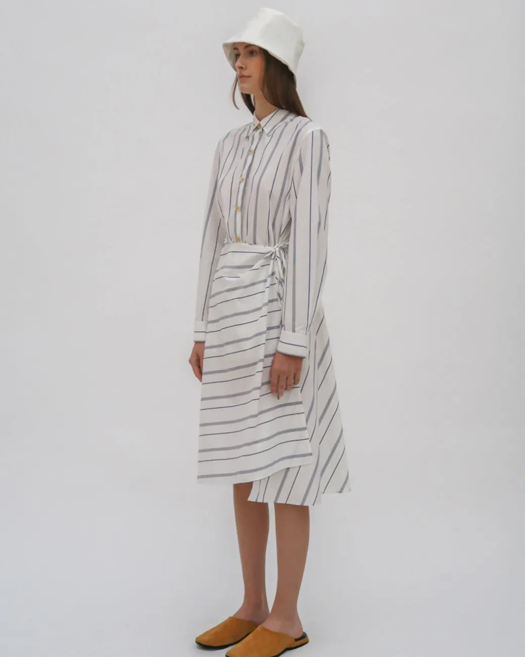 ASYMMETRIC APRON SHIRT - WIDE STRIPE COTTON POPLIN