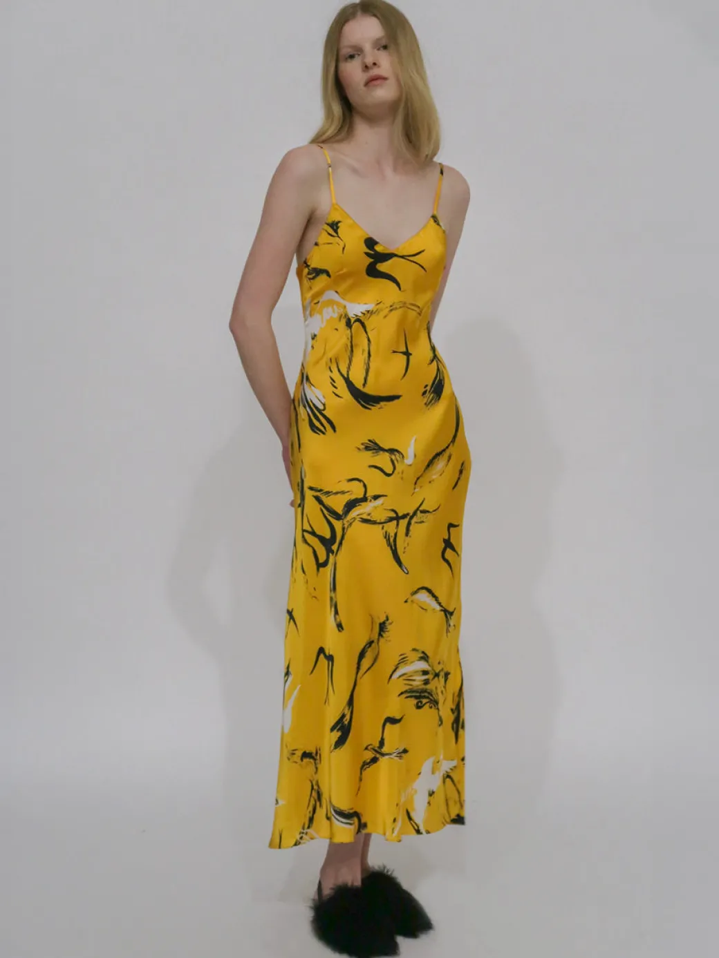 BIAS SLIP DRESS - PAINTED BIRDS