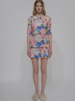 FITTED T-SHIRT TOP - PAINTED FLORAL SEQUIN MESH