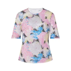 FITTED T-SHIRT TOP - PAINTED FLORAL SEQUIN MESH