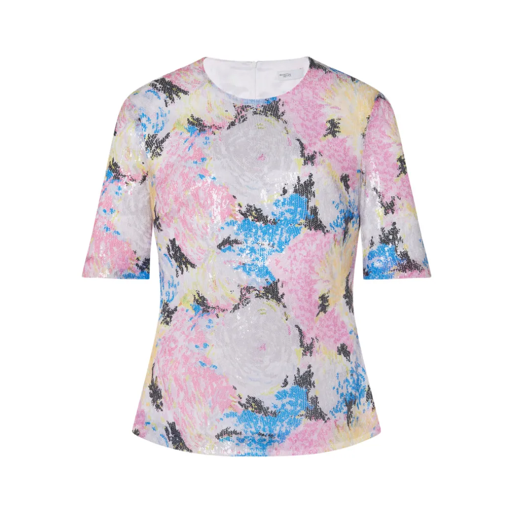 FITTED T-SHIRT TOP - PAINTED FLORAL SEQUIN MESH