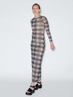 Long Sleeve Crewneck Mesh Maxi Dress