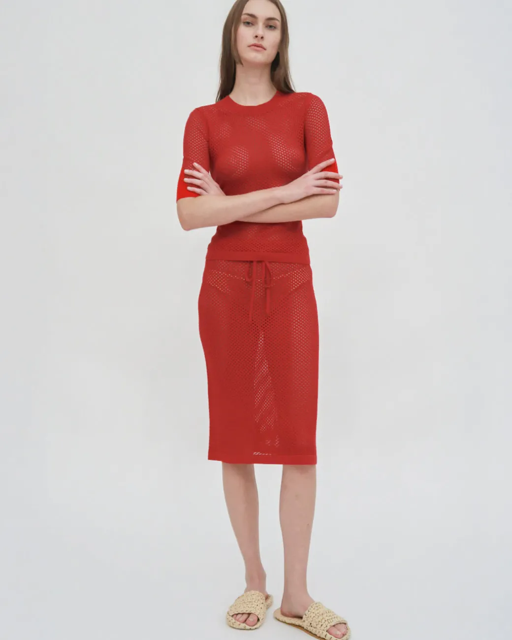 MESH CROPPED SLEEVE SWEATER