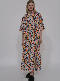 PULL-ON PLEATED MAXI SKIRT - ABSTRACT PAINT LINES