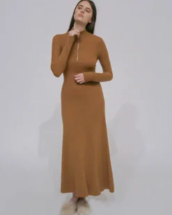 RIBBED ZIP UP TURTLENECK DRESS