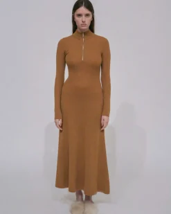RIBBED ZIP UP TURTLENECK DRESS