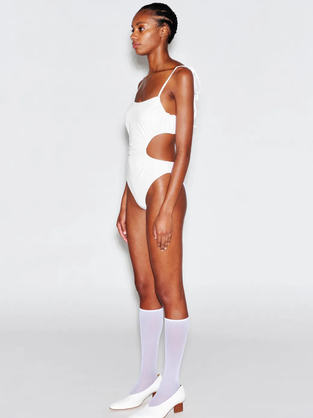 RUCHED CUTOUT TIE SWIMSUIT