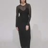 SHEER PLISSE LONG SLEEVE DRESS