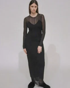 SHEER PLISSE LONG SLEEVE DRESS