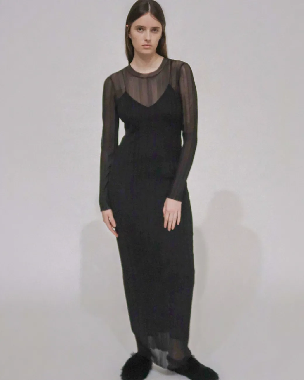 SHEER PLISSE LONG SLEEVE DRESS