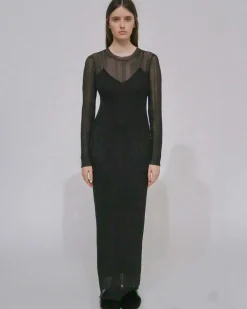 SHEER PLISSE LONG SLEEVE DRESS