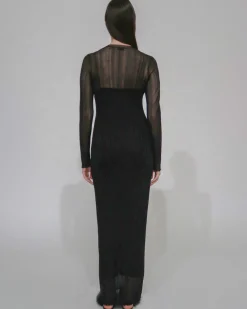 SHEER PLISSE LONG SLEEVE DRESS