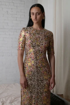 SHORT SLEEVE T-SHIRT GOWN - SEQUIN CROSS STITCH MESH