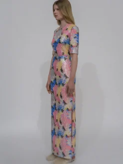 SHORT SLEEVE T-SHIRT GOWN - PAINTED FLORAL SEQUIN