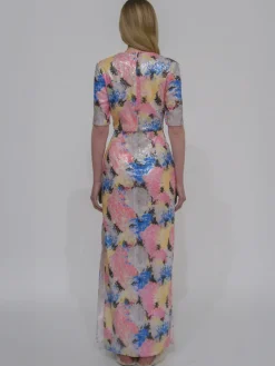SHORT SLEEVE T-SHIRT GOWN - PAINTED FLORAL SEQUIN