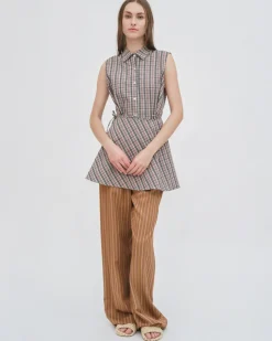 SLEEVELESS ASYMMETRIC APRON SHIRT - PLAID SHIRTING