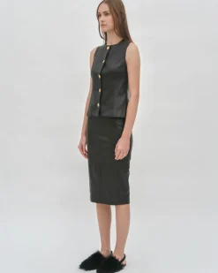 SLEEVELESS BUTTON FRONT TOP - STRETCH PLONGE
