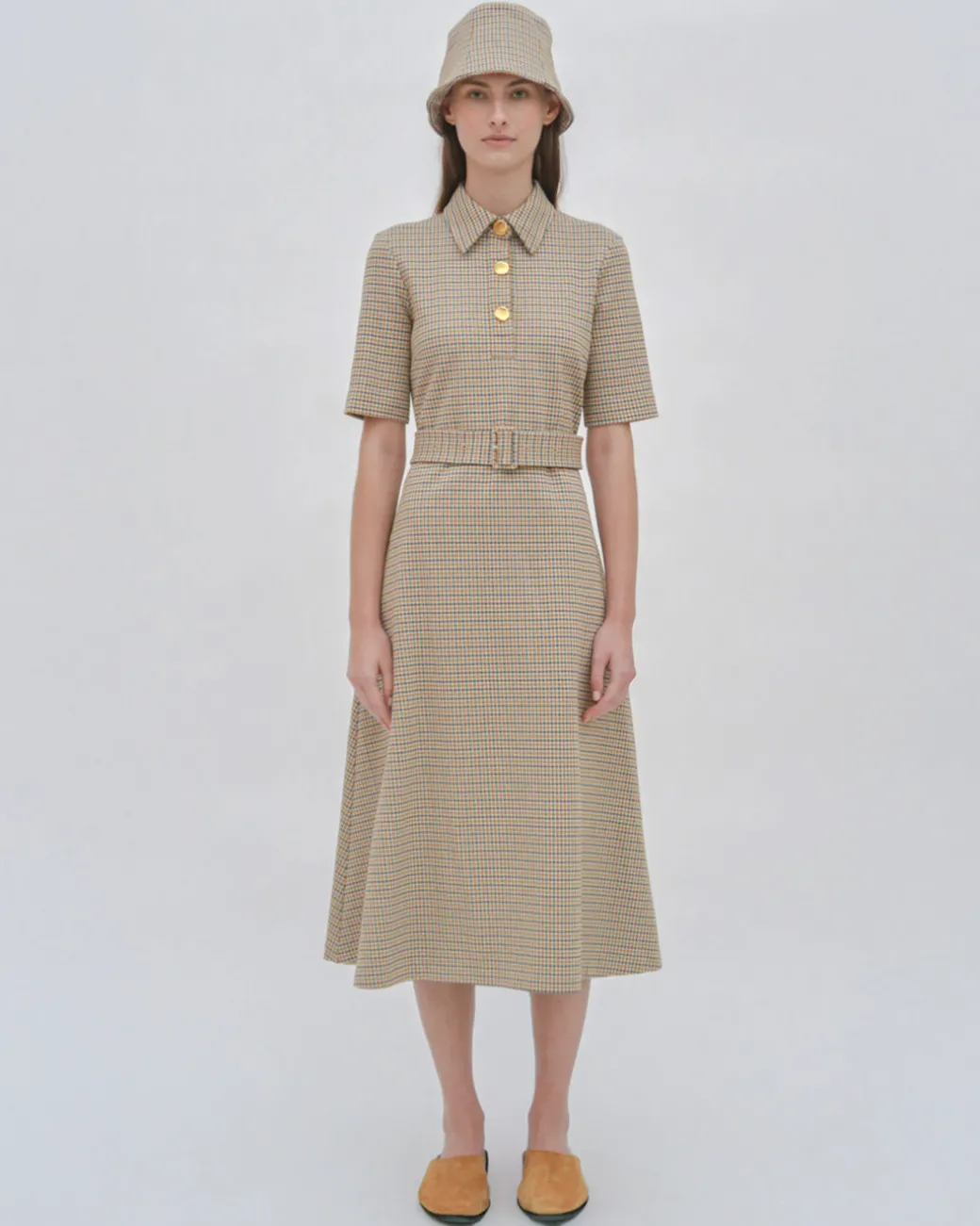 SS BELTED SHIRTDRESS - HOUNDSTOOTH PLAID